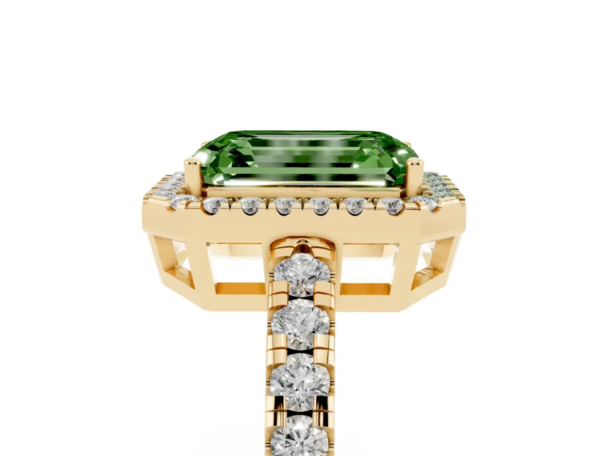 Fancy Green Emerald Cut Diamond Halo Ring with Pavé Band and Four-Prong Setting Yellow gold