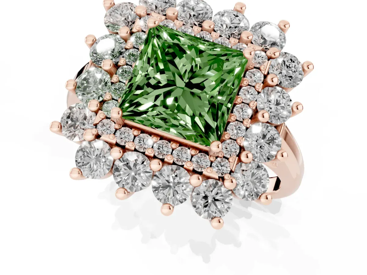 Fancy Green Princess Cut Diamond Floral Double Halo Engagement Ring with Prong Setting Rose gold