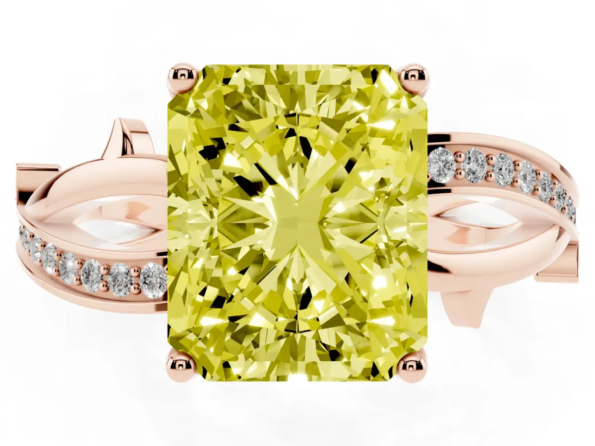 Fancy Yellow Radiant Cut Solitaire Twist Band with Pavé Accents and Four-Prong Setting Rose gold