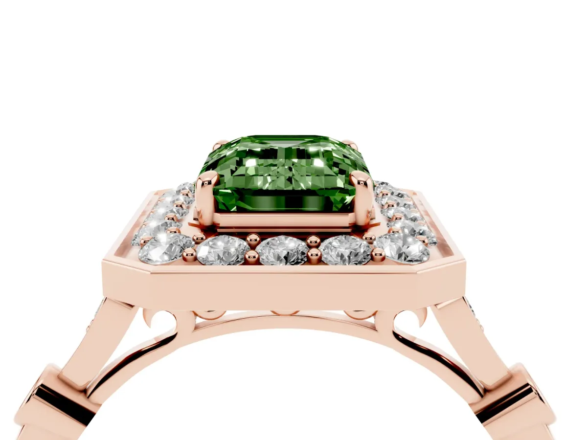 Fancy Green Emerald Cut Halo Diamond Engagement Ring with Twisted Band and Four-Prong Setting Rose gold