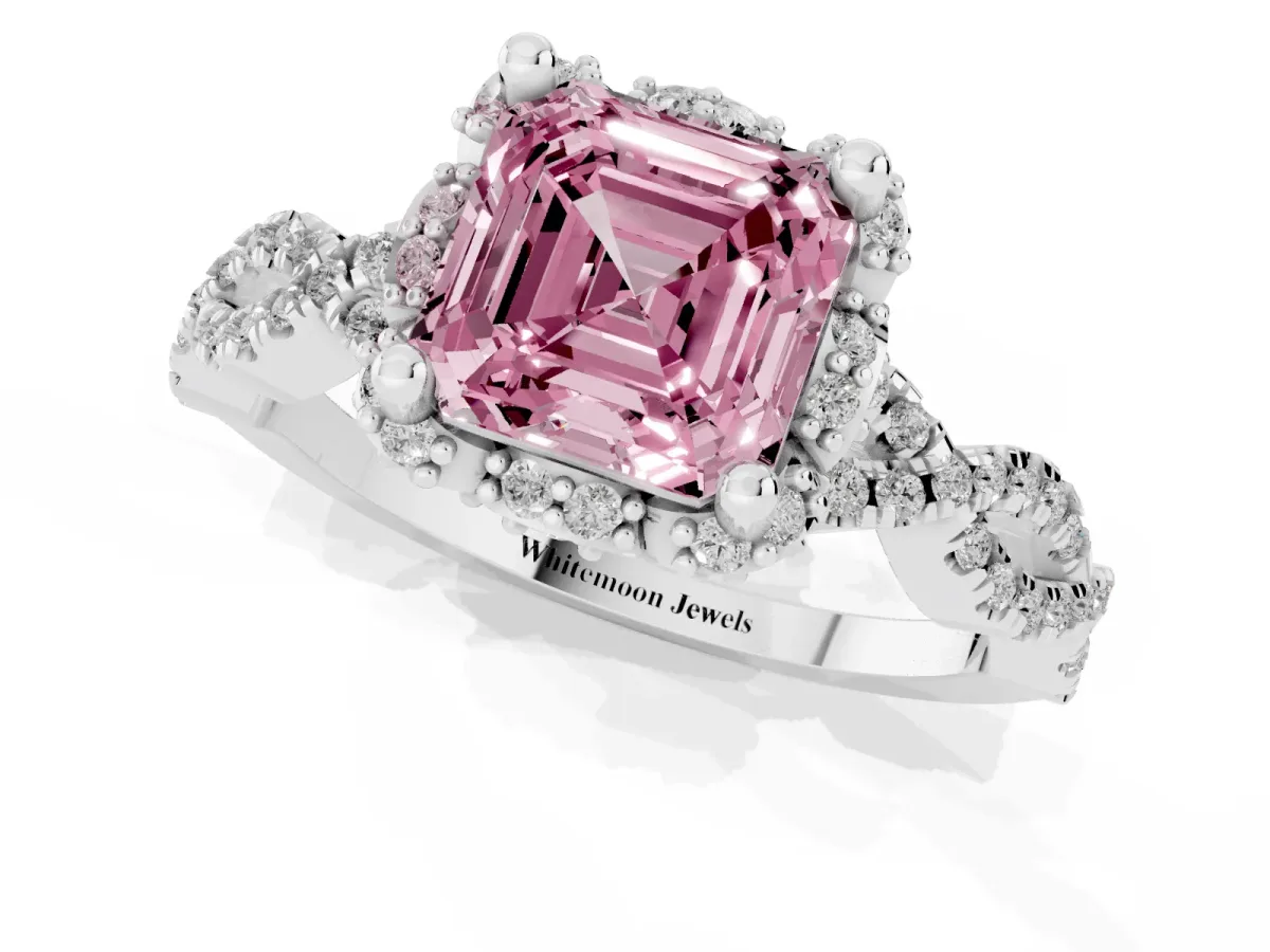 Fancy Pink Asscher Cut Halo Twist Band Solitaire Ring with Six-Prong Setting Silver