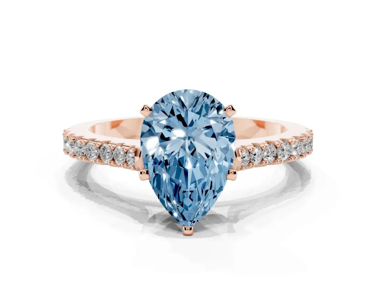 Fancy Blue Pear Cut Cut Solitaire Diamond Engagement Ring with Pave Band and Four-Prong Setting Rose gold