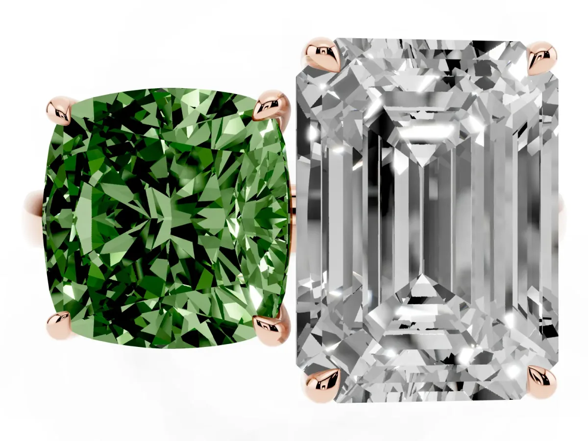 Fancy Green Cushion Cut and Emerald Cut Toi Moi Ring with Prong Setting Rose gold