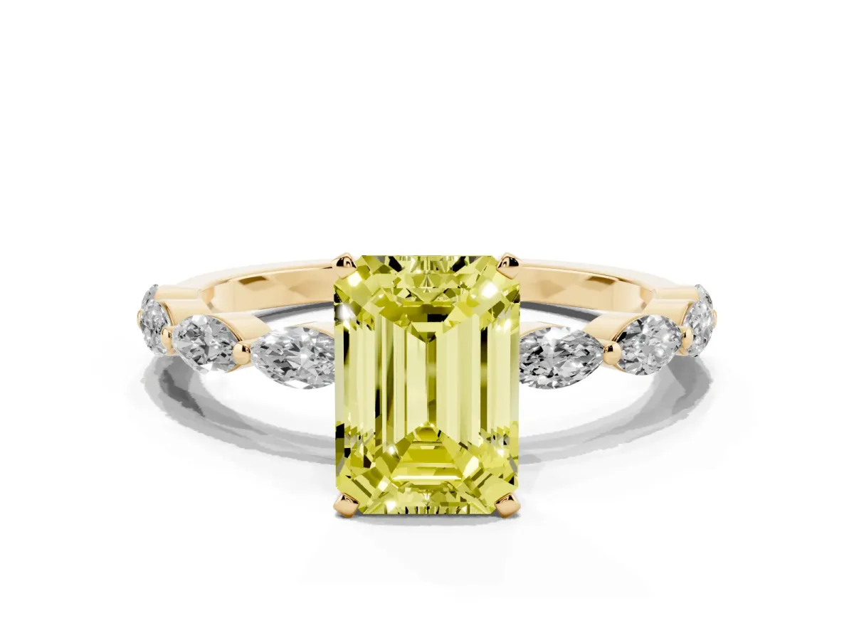 Fancy Yellow Emerald Cut Diamond Ring with Marquise Side Stones and Prong Setting Yellow gold