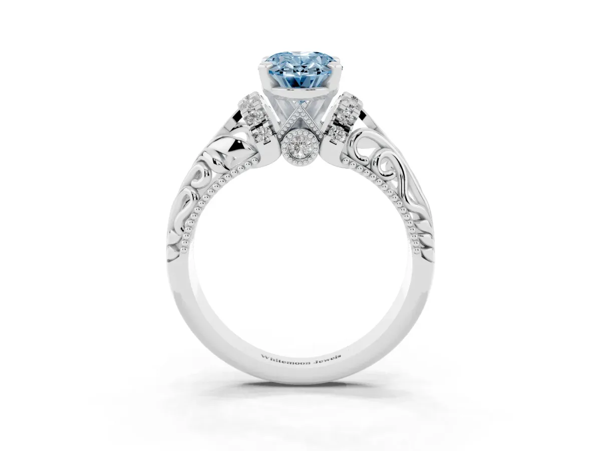 Fancy Blue Oval Cut Solitaire Filigree Engagement Ring with Halo and Prong Setting Silver