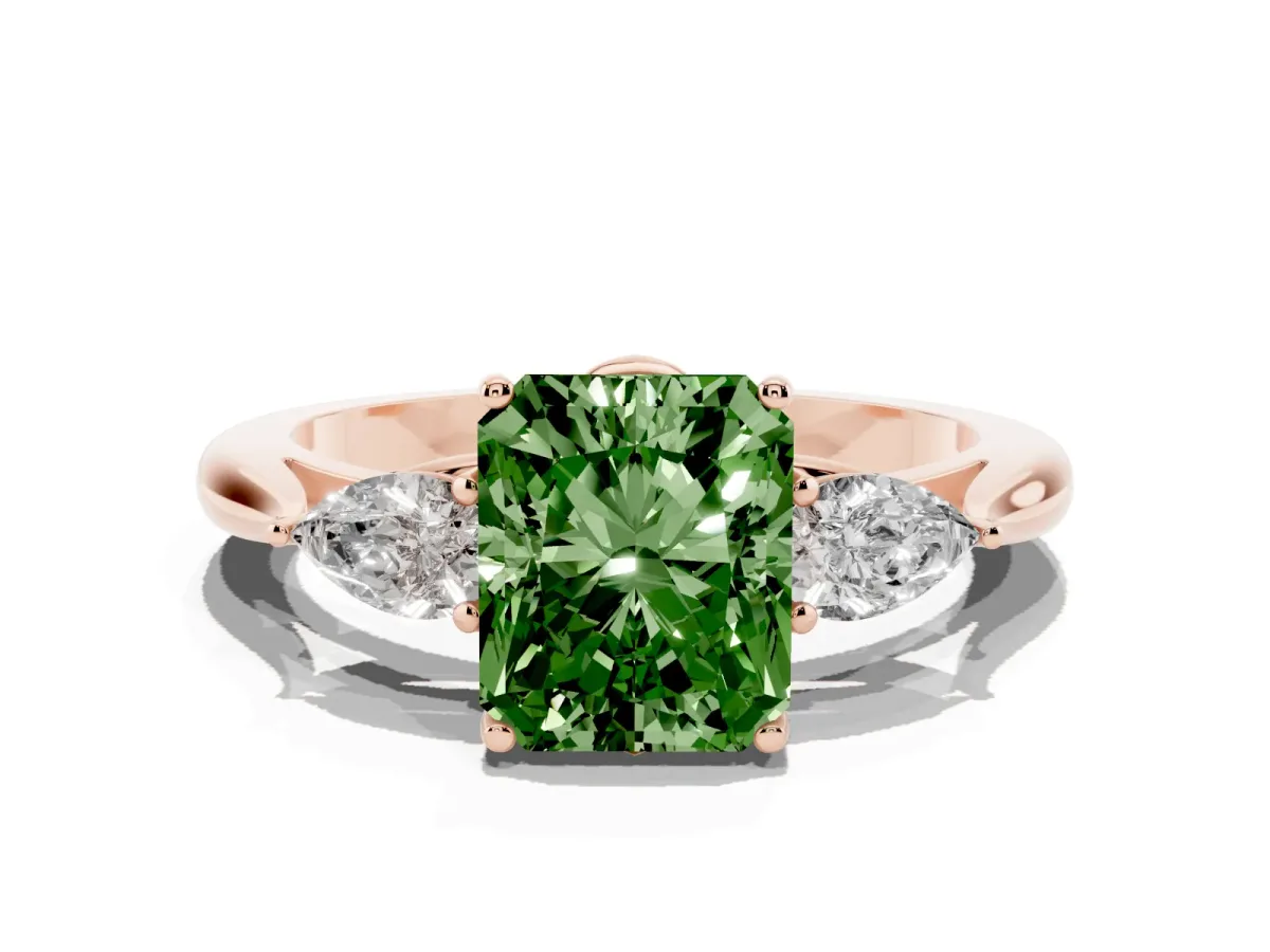 Fancy Green Radiant Cut Diamond Three-Stone Ring with Pear Side Stones and Prong Setting Rose gold