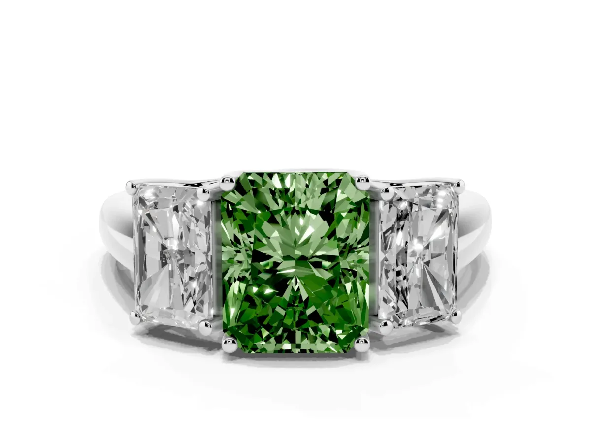 Fancy Green Three-Stone Radiant Cut Diamond Engagement Ring with Prong Setting White gold