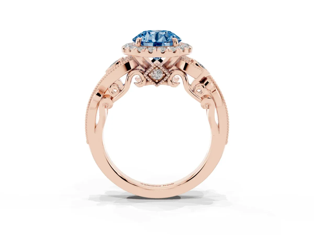 Fancy Blue Round Cut Halo Diamond Ring with Milgrain and Bezel Accents on a Split Shank Band Rose gold