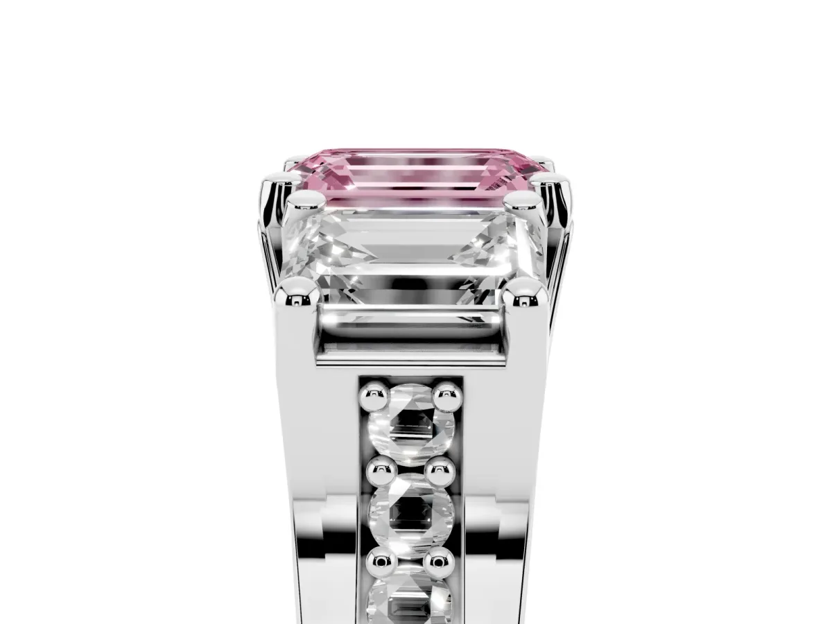 Fancy Pink Emerald Cut Diamond Three-Stone Ring with Channel Set Band and Four-Prong Setting Silver