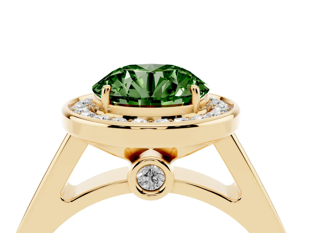 Fancy Green Round Cut Halo Solitaire Diamond Ring with Pave Band and Bezel Setting Yellow gold