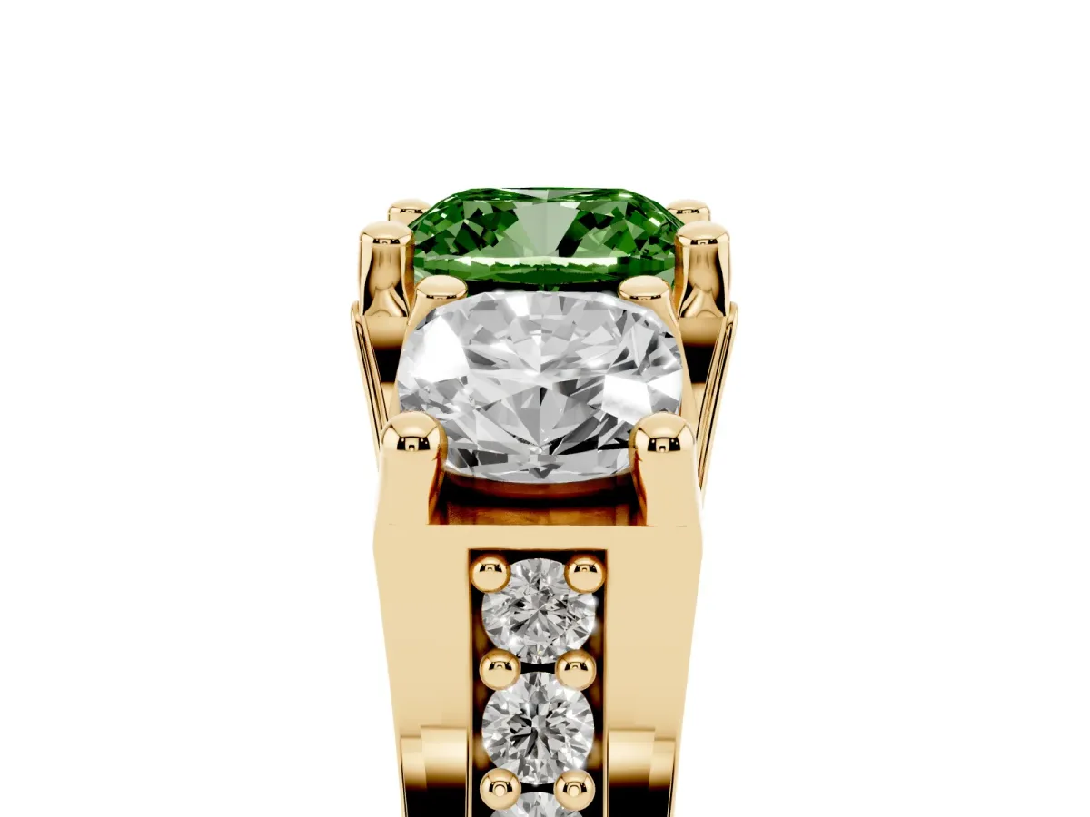 Fancy Green Cushion Cut Diamond Three-Stone Ring with Channel Set Band and Four-Prong Setting Yellow gold