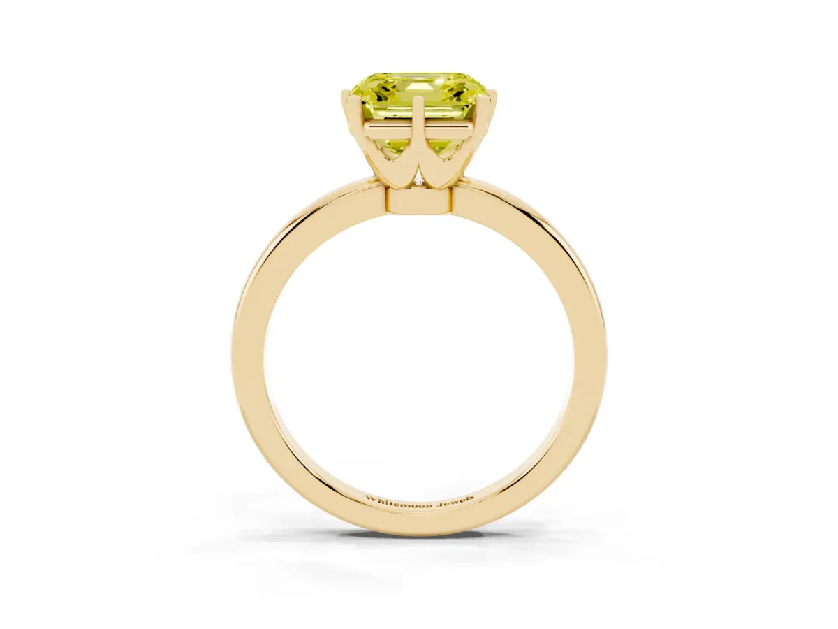 Fancy Yellow Asscher Cut Solitaire Diamond Ring with Six-Prong Setting on a Classic Band Yellow gold