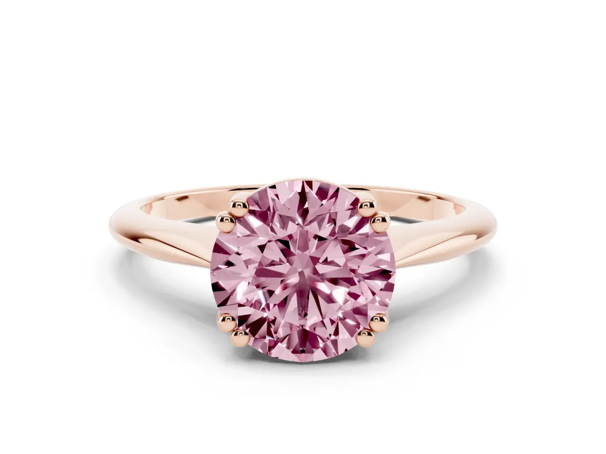 Fancy Pink Round Cut Solitaire Diamond Ring with Six-Prong Setting and Classic Band Rose gold