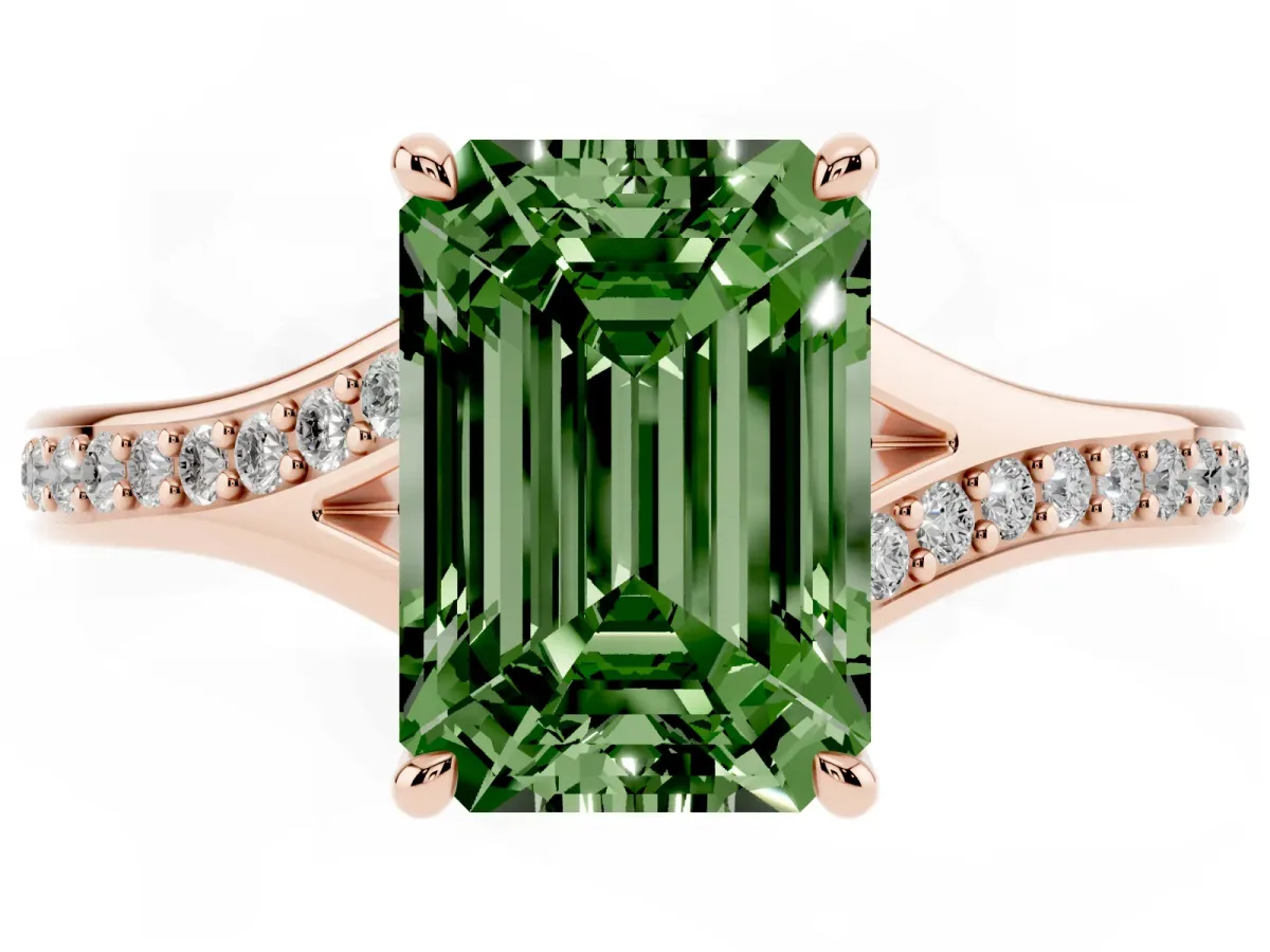 Fancy Green Emerald Cut Diamond Solitaire Ring with Pavé Band and Prong Setting Rose gold