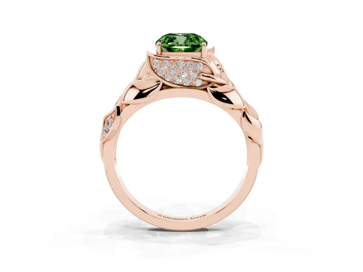 Fancy Green Cushion Cut Diamond Leaf-Inspired Engagement Ring with Round Accents and Prong Setting Rose gold