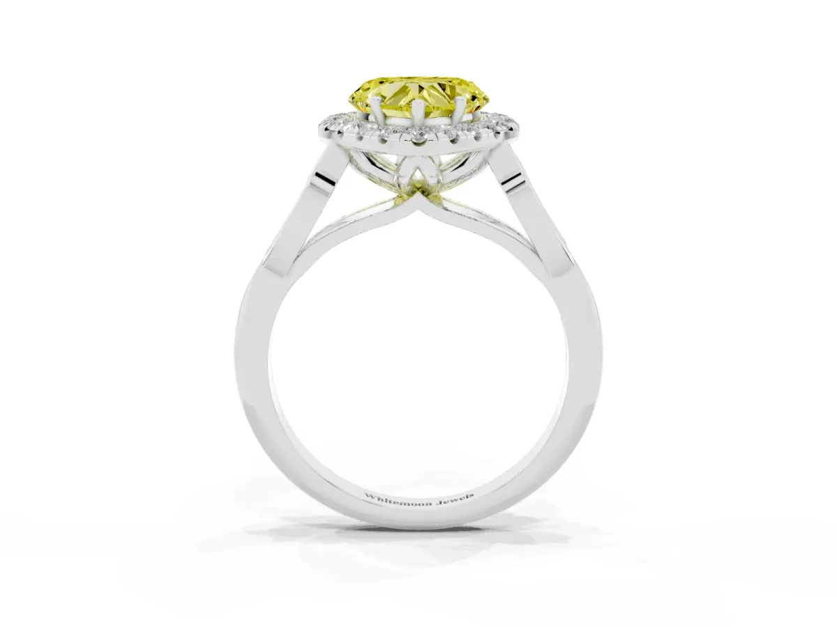 Fancy Yellow Heart Cut Halo Diamond Engagement Ring with Filigree Band and Four-Prong Setting Silver