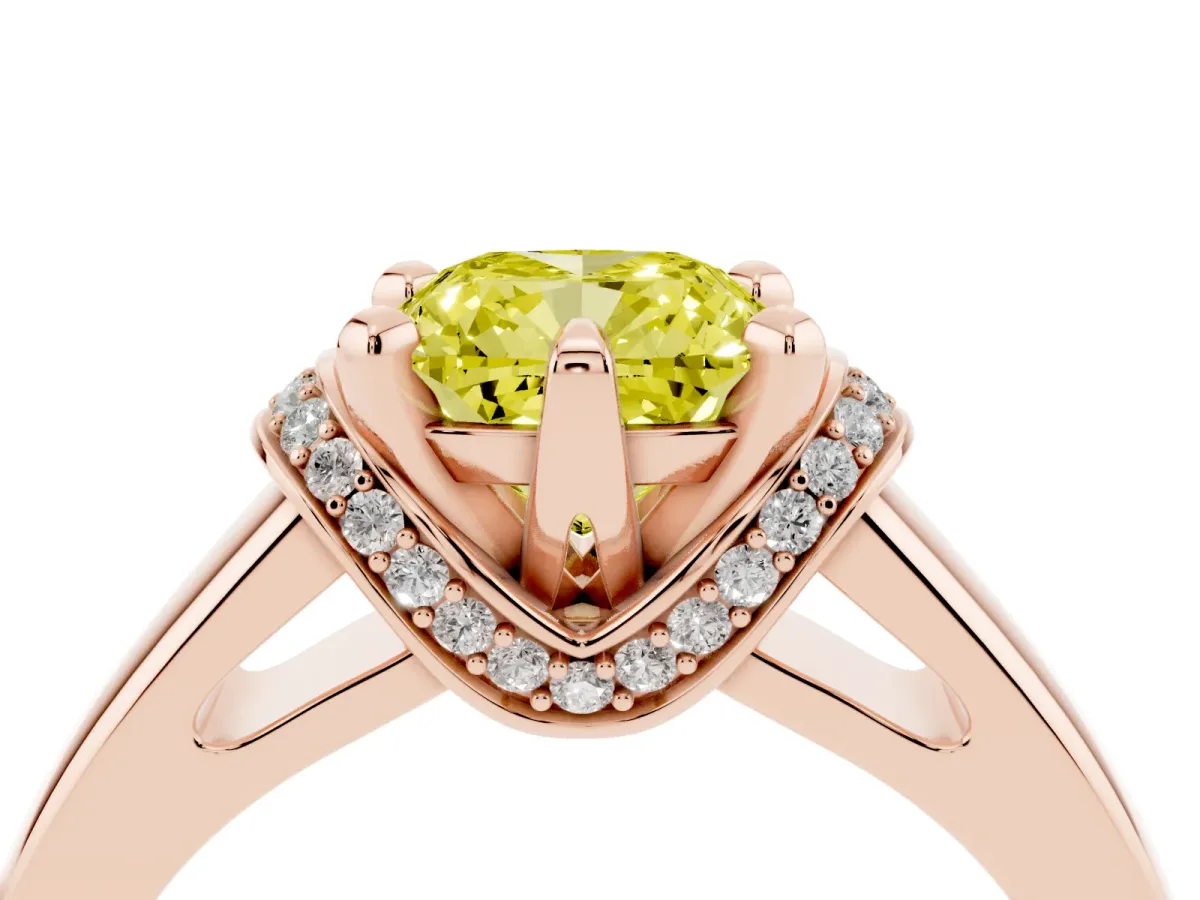 Fancy Yellow Cushion Cut Solitaire Diamond Ring with Pave Band and Six-Prong Setting Rose gold