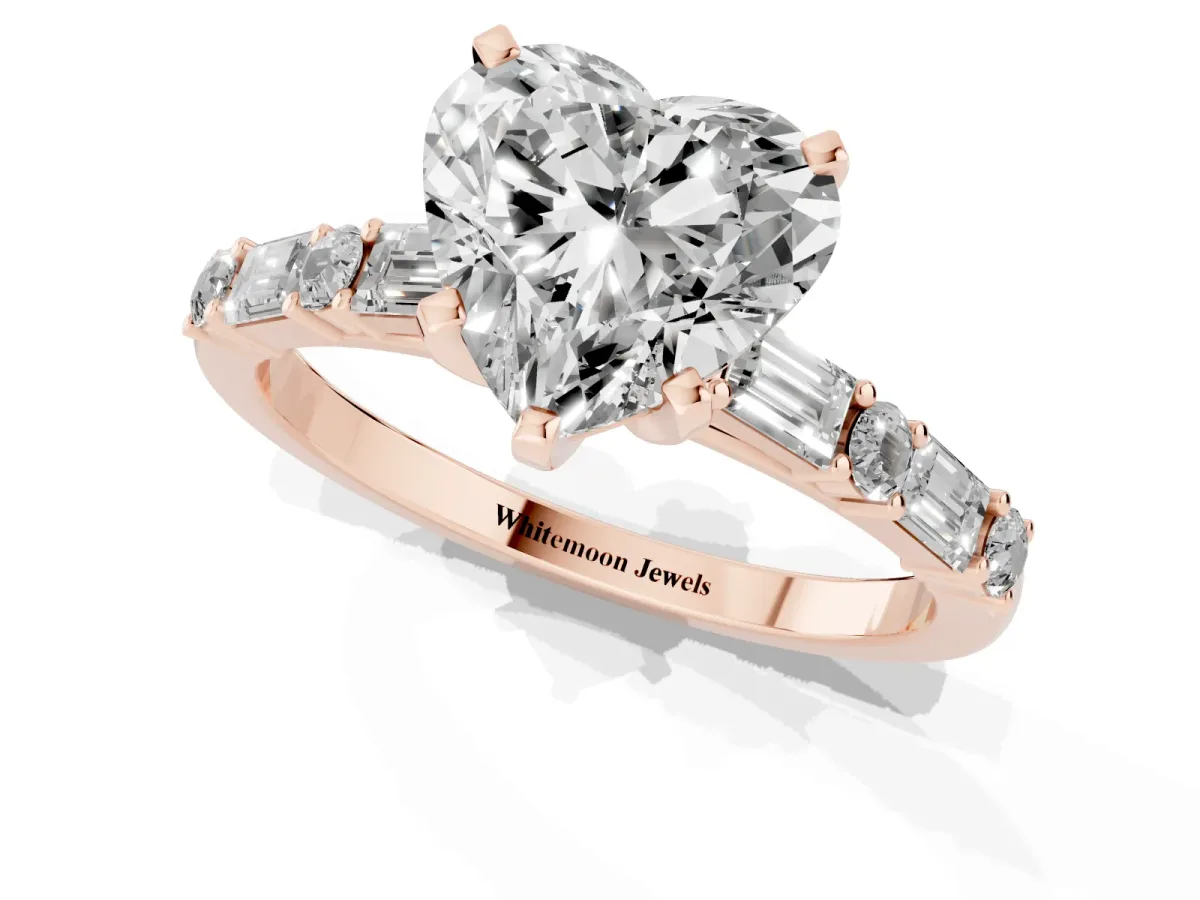 Heart Cut Diamond Solitaire with Side Baguettes and Channel Set Band Rose gold