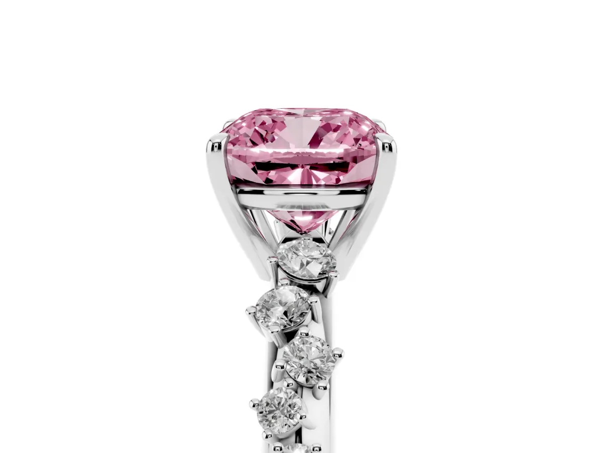 Fancy Pink Cushion Cut Diamond Cluster Side Stone Solitaire Ring with Prong Setting White gold