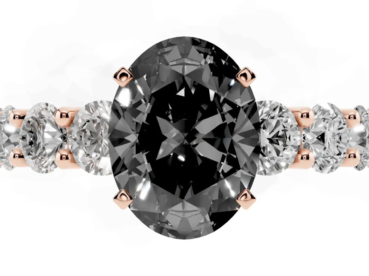 Fancy Black Oval Cut Diamond Prong Setting with Side Stones on a Pave Band Rose gold