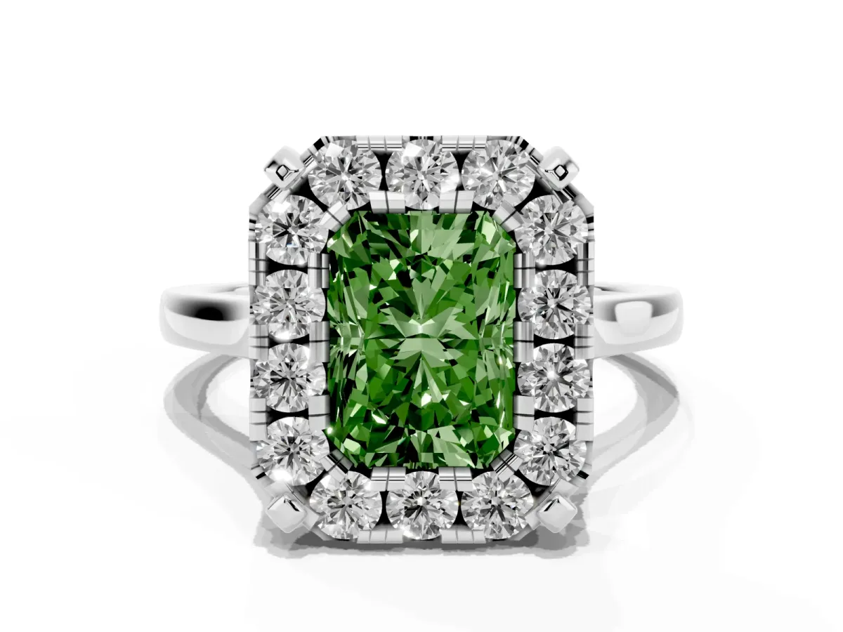 Fancy Green Radiant Cut Diamond Cluster Halo Solitaire with Four-Prong Setting Silver