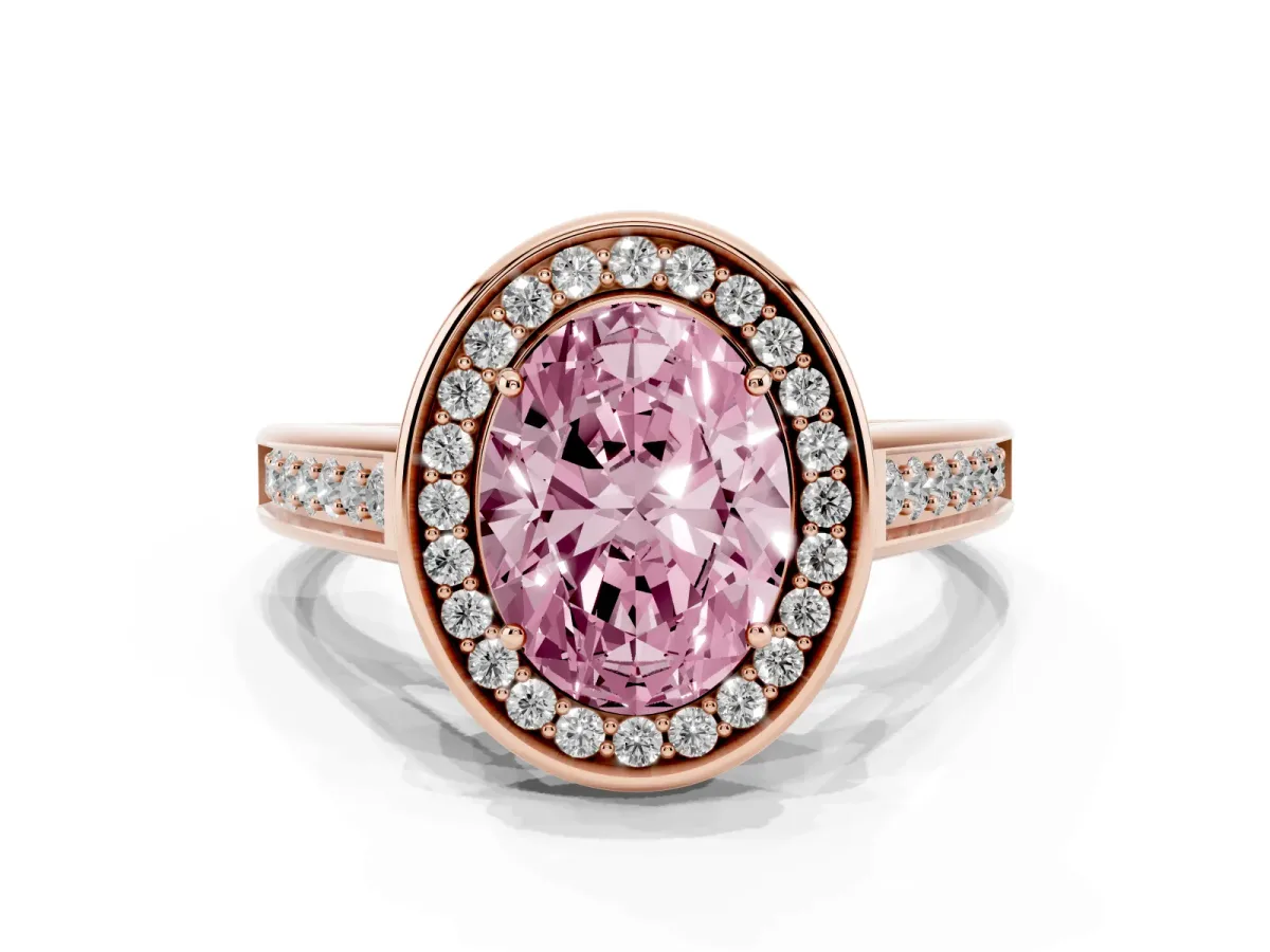 Fancy Pink Oval Cut Halo Solitaire Diamond Ring with Pave Band and Bezel Setting Rose gold