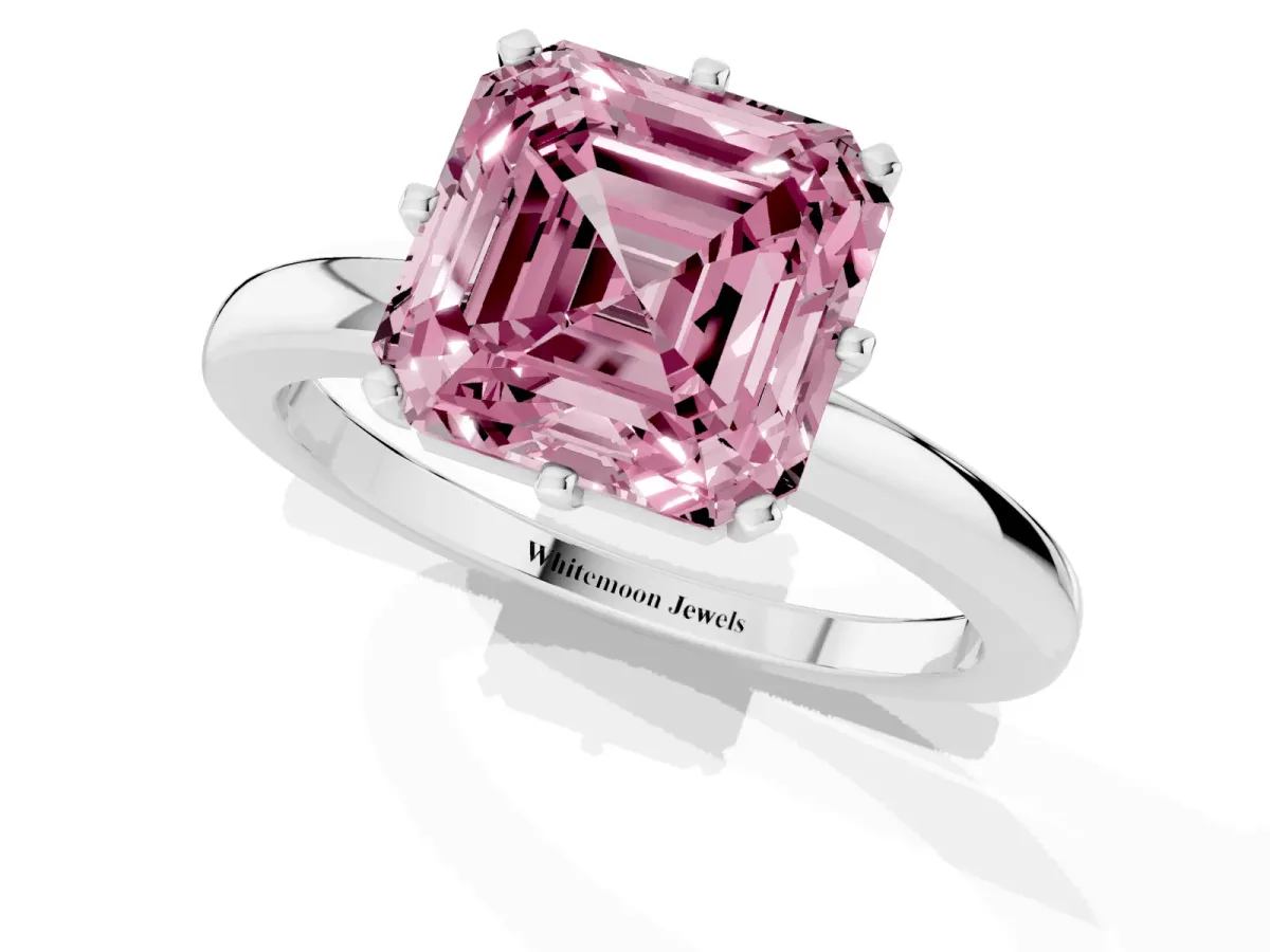 Fancy Pink Asscher Cut Solitaire Diamond Ring with Six-Prong Setting on a Classic Band Silver