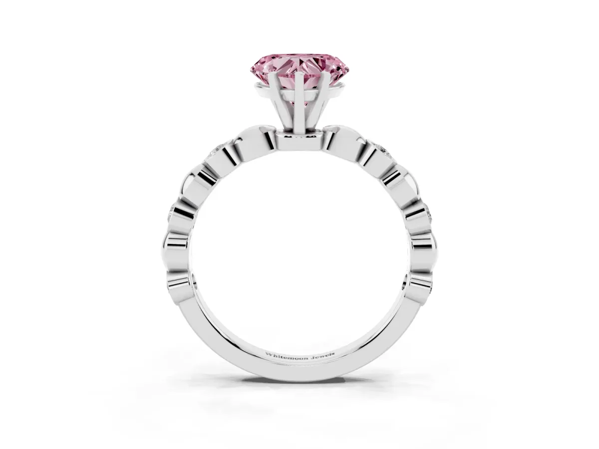 Fancy Pink Heart Cut Solitaire Bezel-Set Diamond Ring with Beaded Band and Four-Prong Setting Silver