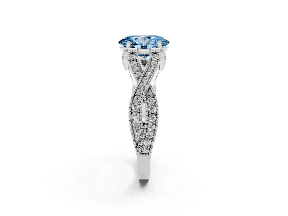 Fancy Blue Oval Cut Cut Diamond Twisted Band with Milgrain Pave Setting and Four-Prong Setting Silver