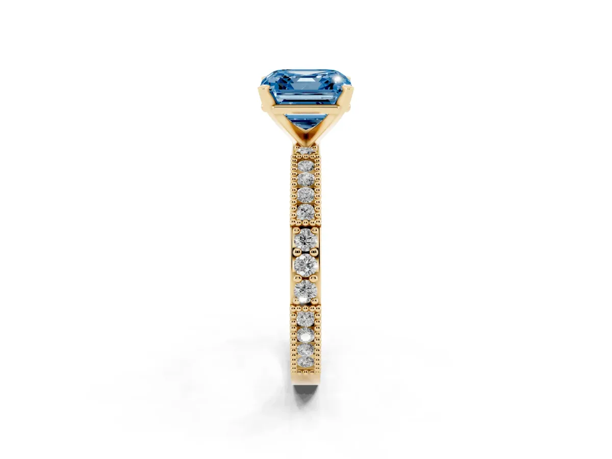 Fancy Blue Asscher Cut Solitaire with Pavé Band and Four-Prong Setting Yellow gold