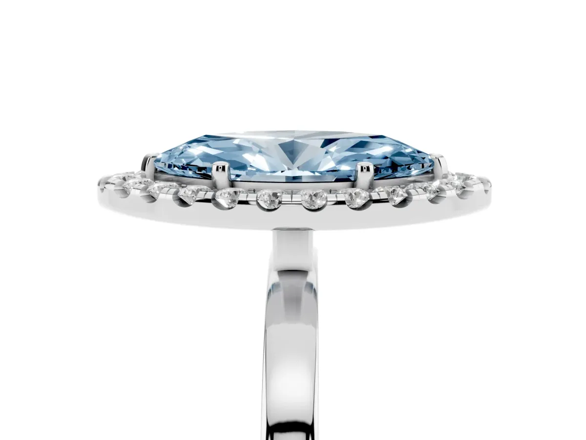 Fancy Blue Marquise Cut Halo Diamond Solitaire with Pavé Band and Four-Prong Setting White gold
