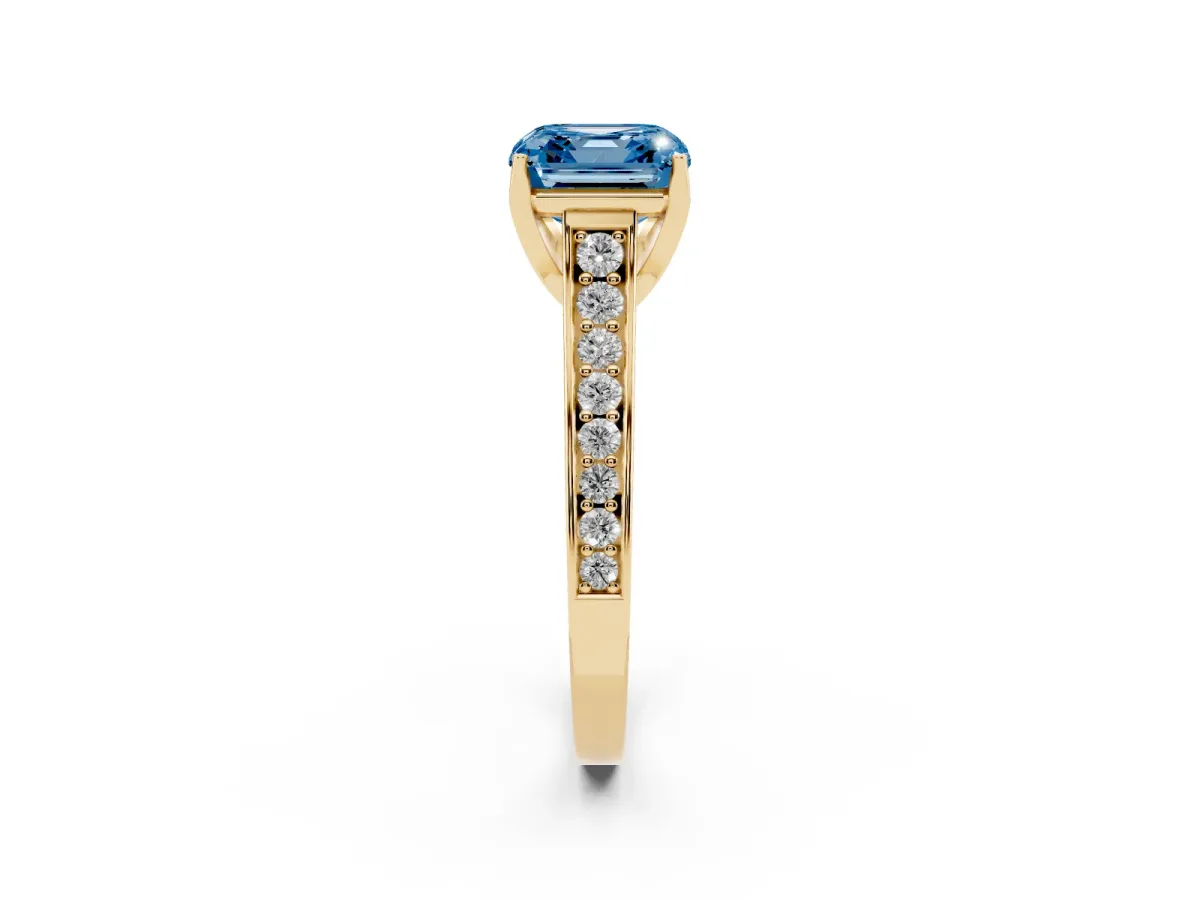 Fancy Blue Asscher Cut Brilliant Cut Diamond Engagement Ring with Pavé Band and Four-Prong Setting Yellow gold