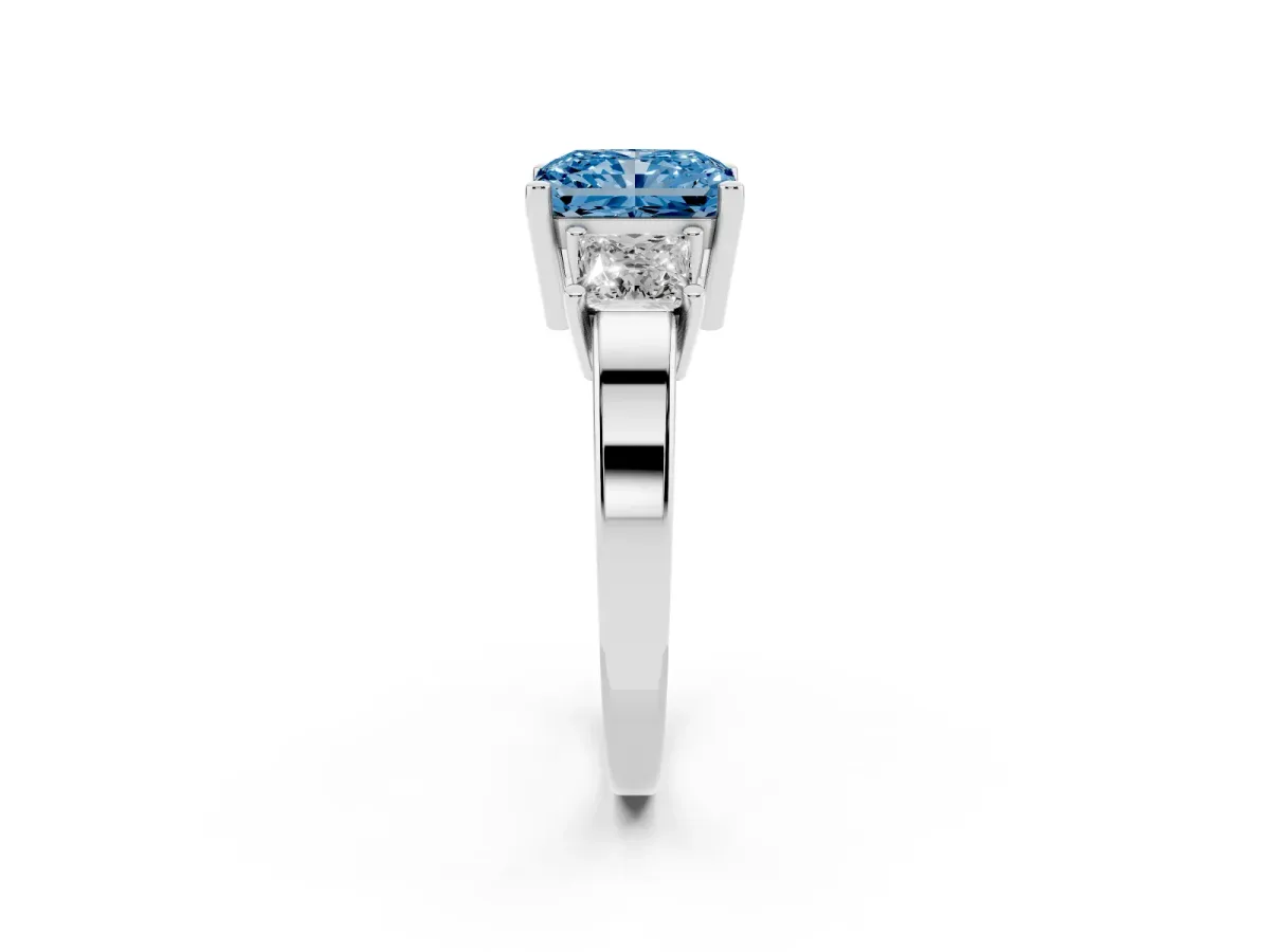 Fancy Blue Three-Stone Radiant Cut Cut Solitaire Ring with Prong Setting Silver