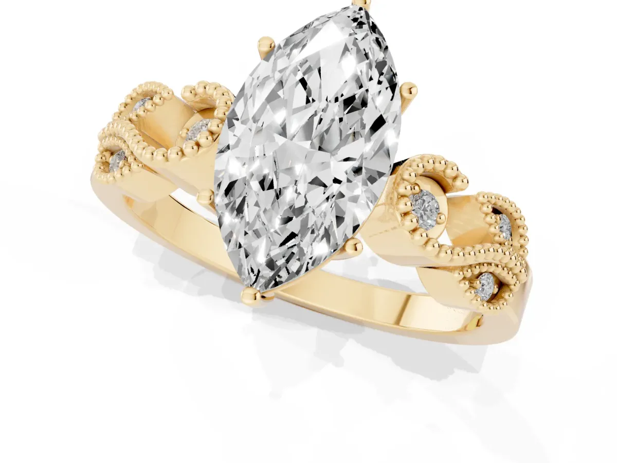 Marquise Cut Solitaire Milgrain Leaf Band with Prong Setting Yellow gold