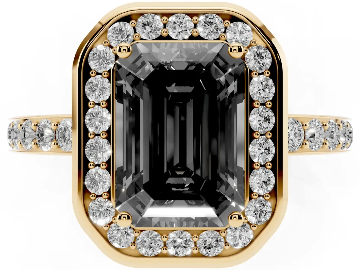 Fancy Black Emerald Cut Diamond Halo Ring with Bezel Frame and Pavé Band Yellow gold