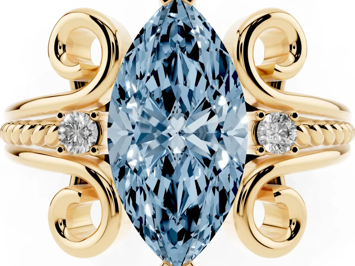 Fancy Blue Marquise Cut Solitaire Twisted Band Scroll Prong Ring Yellow gold