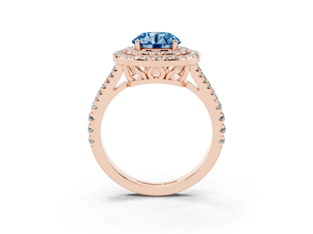 Fancy Blue Round Cut Diamond Double Halo Ring with Pavé Band and Prong Setting Rose gold