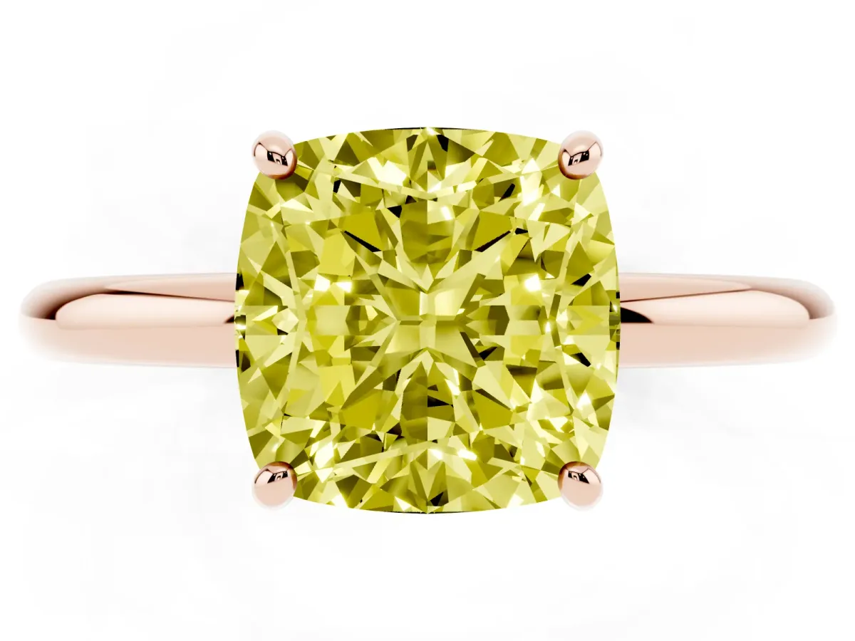 Fancy Yellow Cushion Cut Solitaire Diamond Ring with Four-Prong Setting on a Plain Band Rose gold