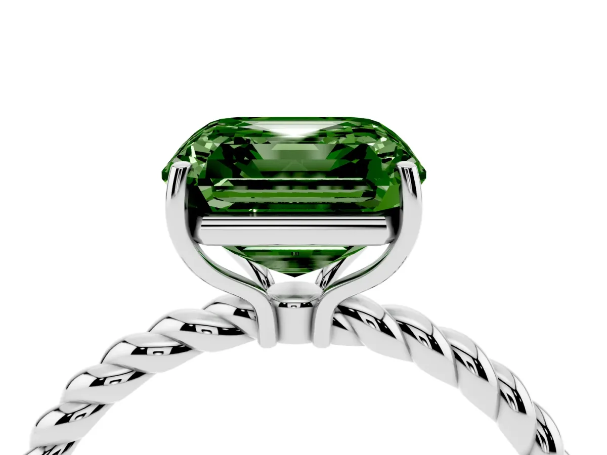 Fancy Green Asscher Cut Solitaire Twisted Band 4-Prong Ring Silver