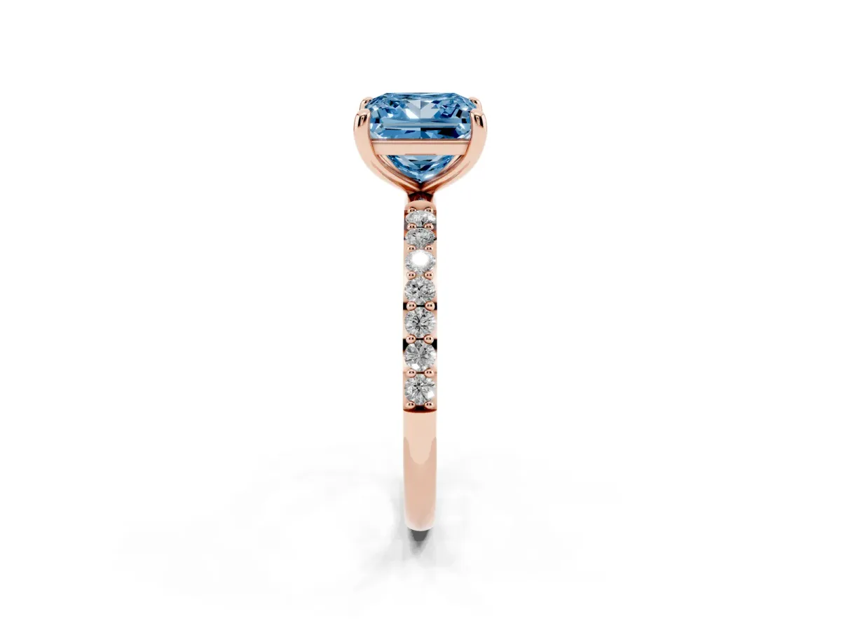 Fancy Blue Princess Cut Diamond Solitaire Ring with Round Pavé Band and Prong Setting Rose gold