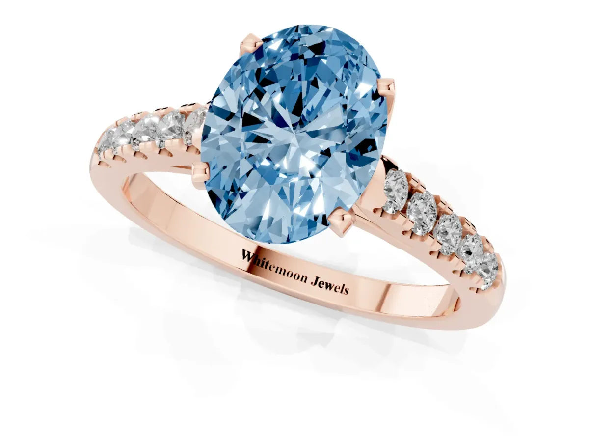 Fancy Blue Oval Cut Diamond Pavé Band Solitaire Ring with Prong Setting Rose gold