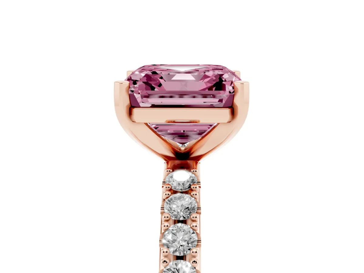 Fancy Pink Asscher Cut Diamond Solitaire Pavé Band with Four-Prong Setting Rose gold