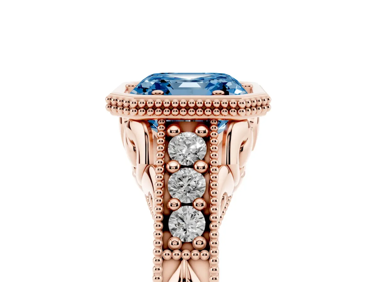 Fancy Blue Bezel Set Asscher Cut Diamond Milgrain Pave Engagement Ring Rose gold