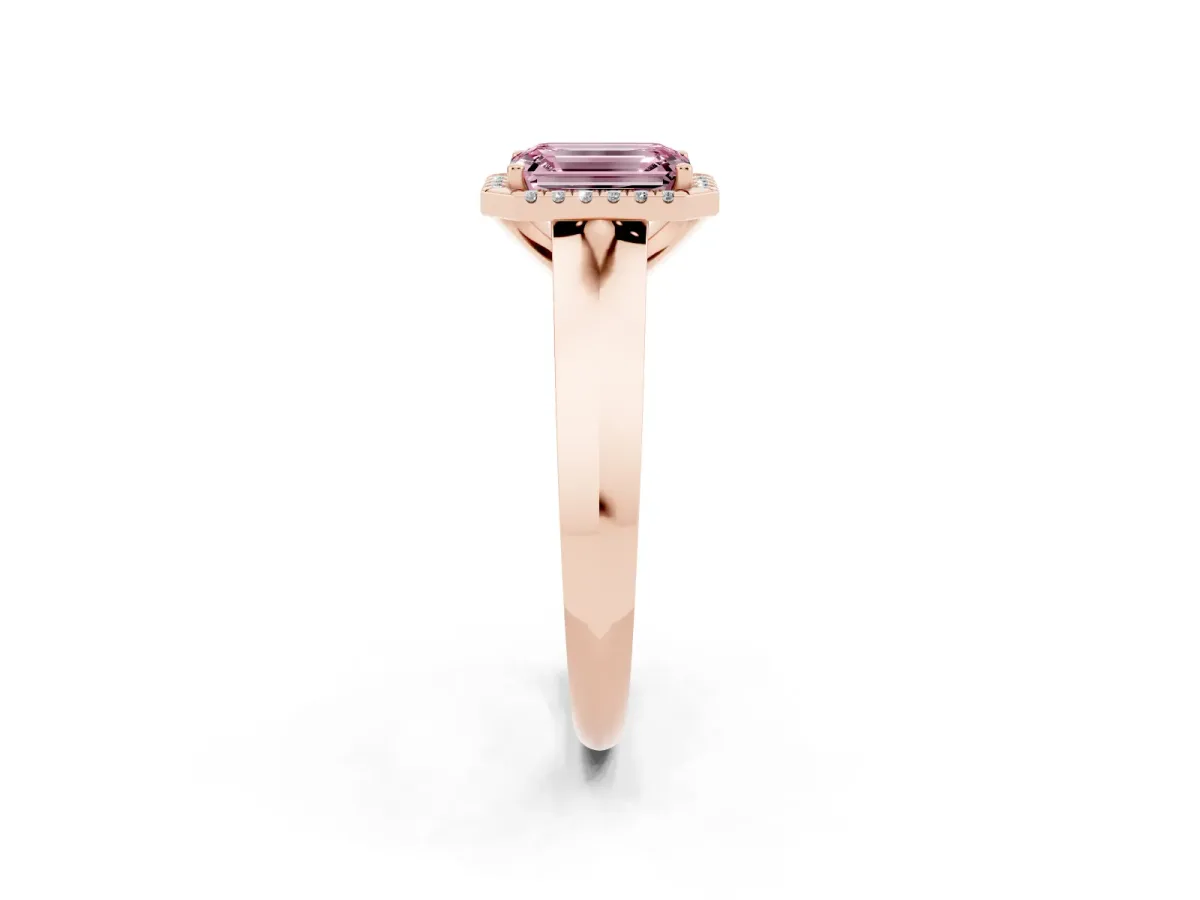 Fancy Pink Emerald Cut Halo Diamond Ring with Cathedral Band and Four-Prong Setting Rose gold