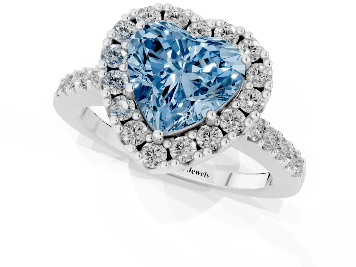 Fancy Blue Heart Cut Halo Diamond Pavé Solitaire Ring Platinum