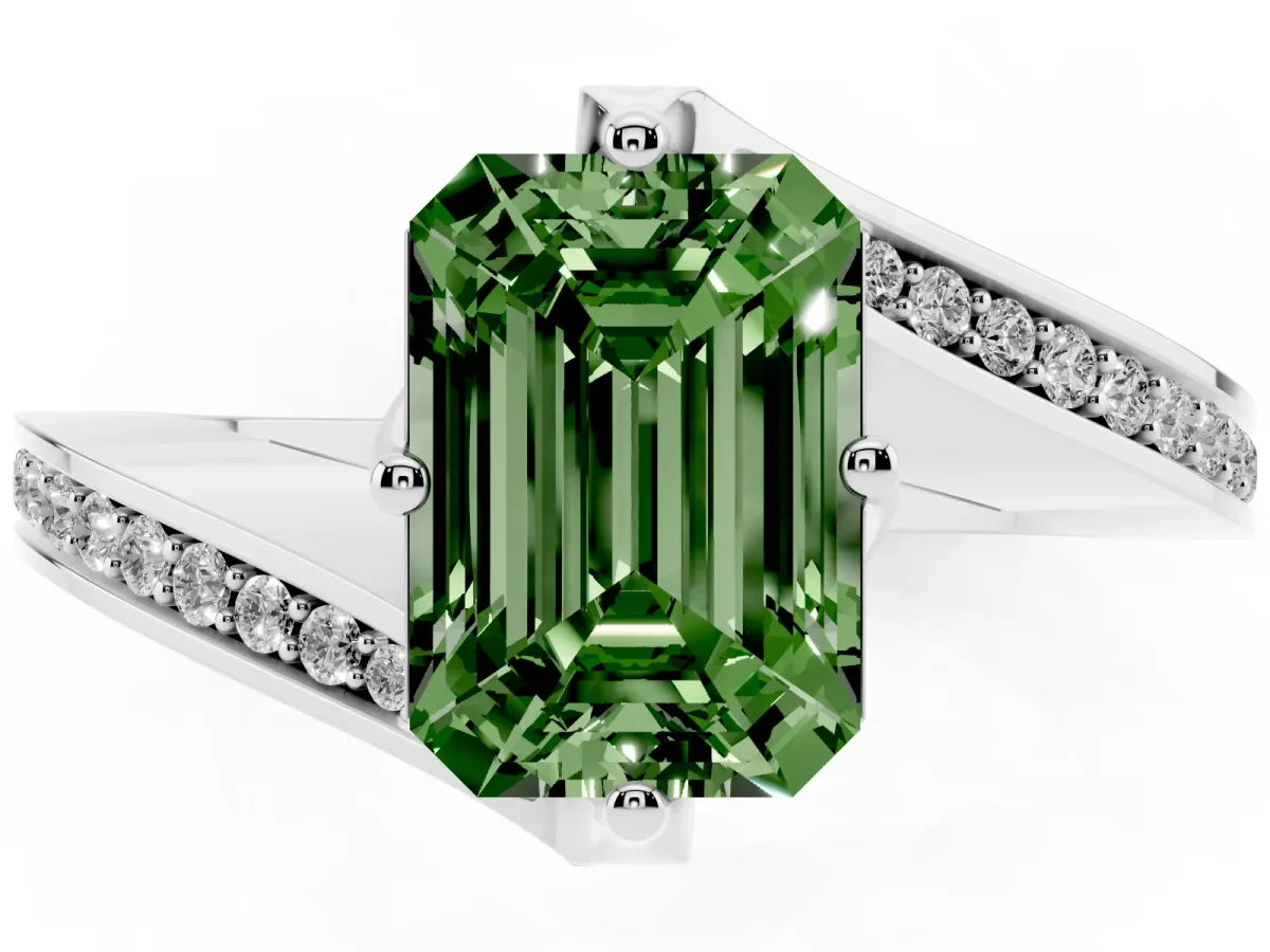 Fancy Green Emerald Cut Solitaire Diamond Twist Band with Pavé Setting and Four-Prong Setting Silver