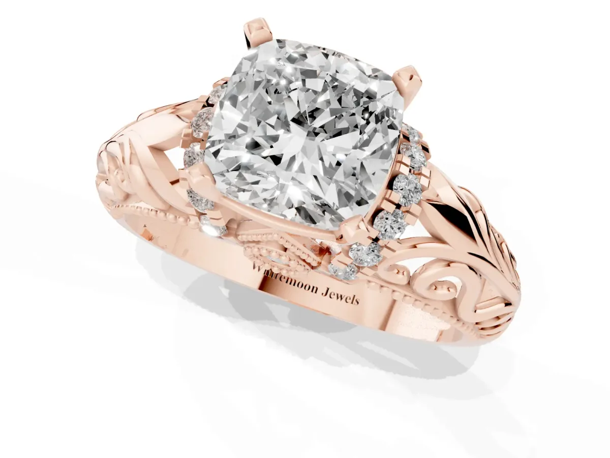 Cushion Cut Solitaire Filigree Engagement Ring with Halo and Prong Setting Rose gold