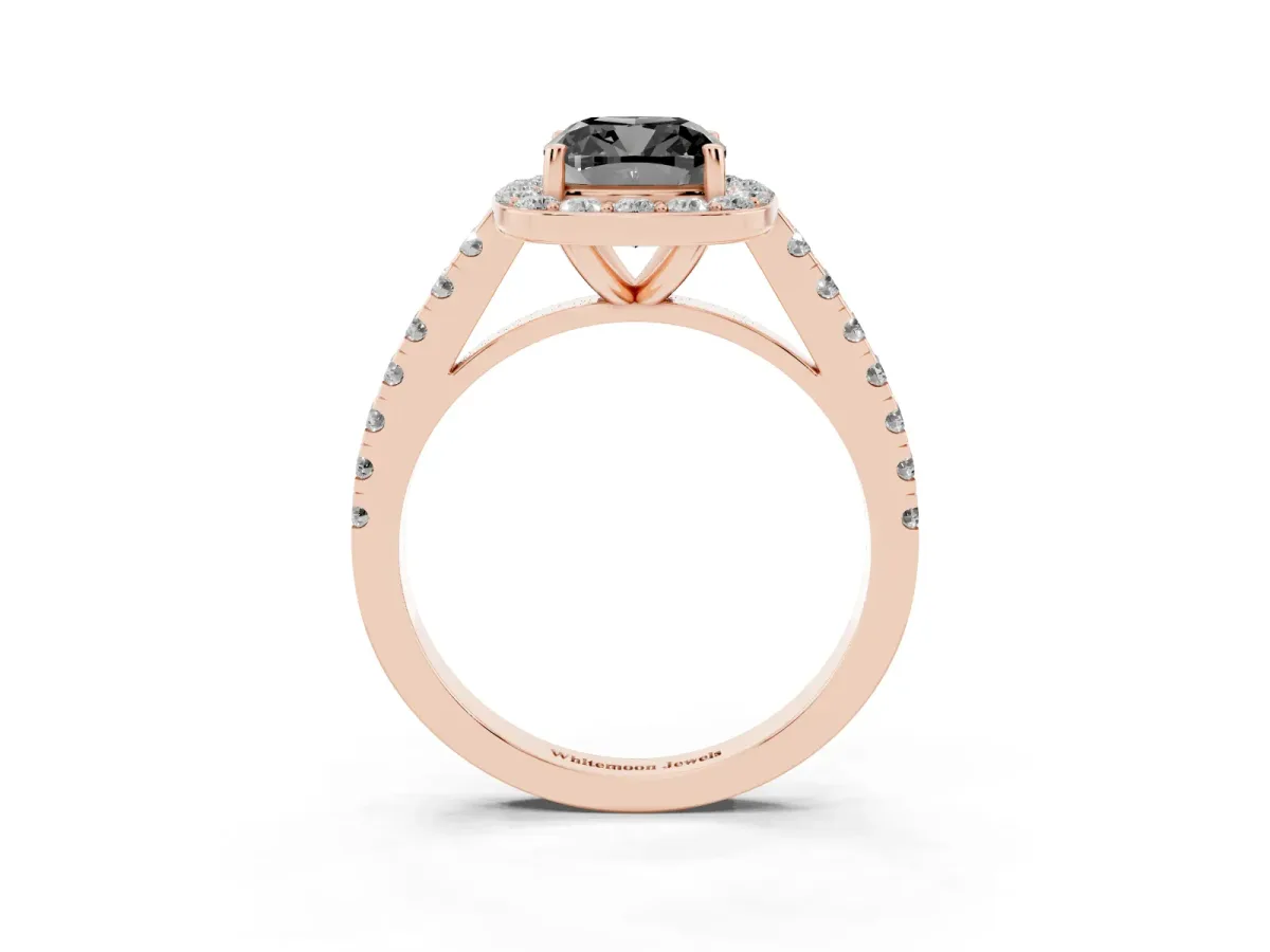 Fancy Black Cushion Cut Diamond Halo Ring with Round Pavé Split Shank and Prong Setting Rose gold