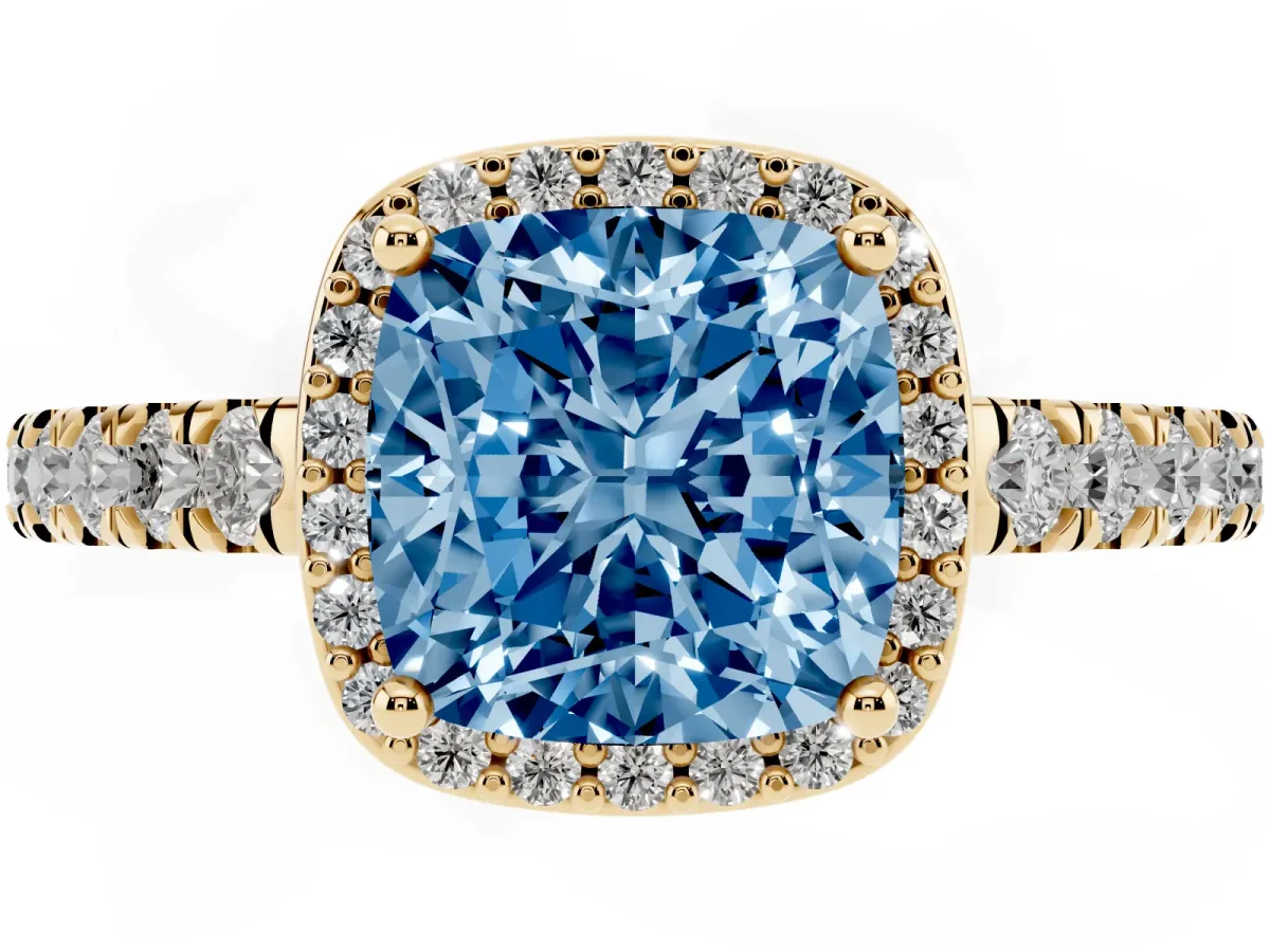 Fancy Blue Cushion Cut Cut Halo Diamond Engagement Ring with Pave Band and Four-Prong Setting Yellow gold