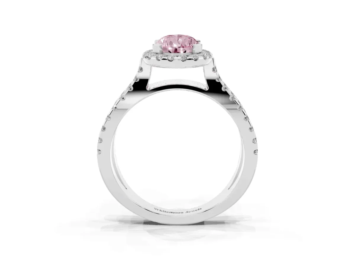 Fancy Pink Pear Cut Diamond Halo Ring with Split Shank Pavé Band and Prong Setting Silver